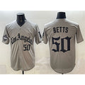Los Angeles Dodgers #50 Mookie Betts Grey CONTON LA Gothic Style With 2025 World Series Champions Patch Limited Stitched Jersey
