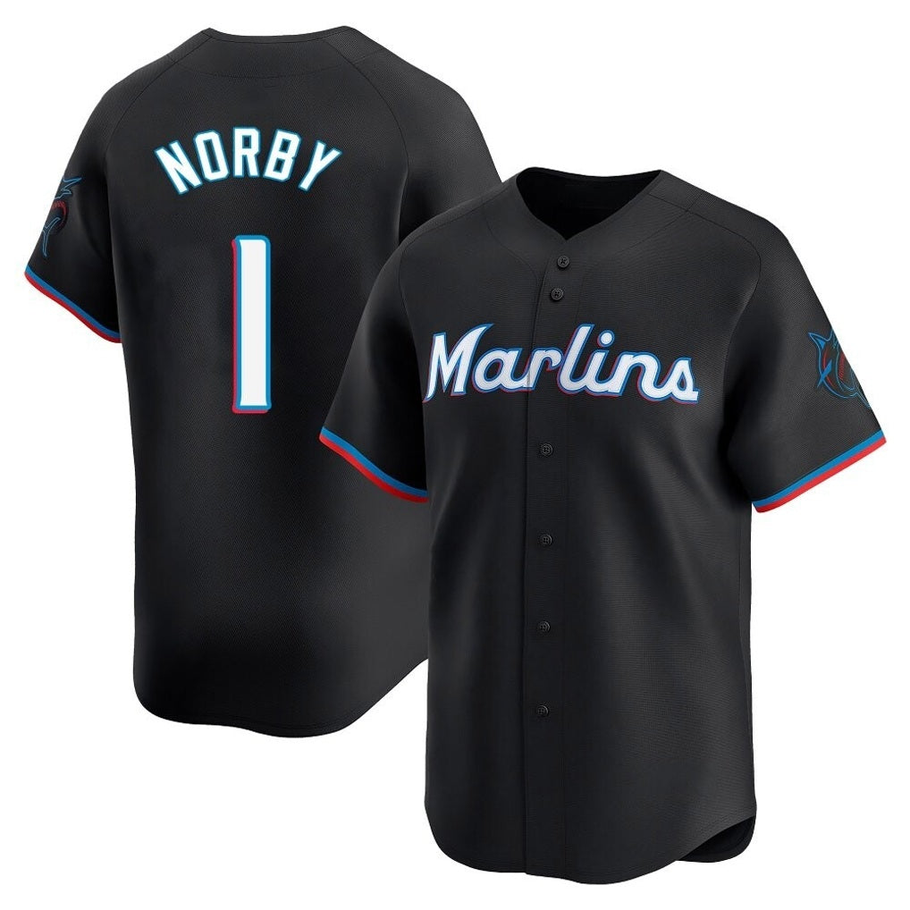 Miami Marlins #1 Connor Norby Player Black CONTON Home Limited Stitched Jerseys