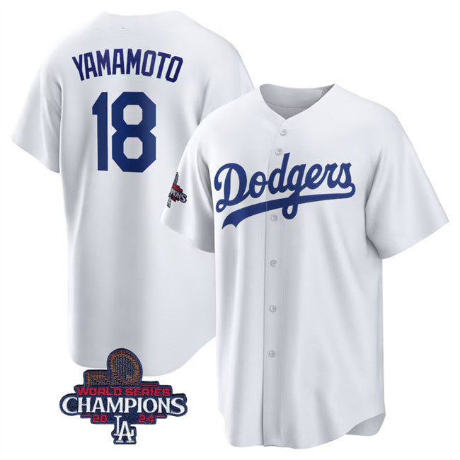Los Angeles Dodgers #18 Yoshinobu Yamamoto White CONTON 2024 World Series Champions Cool Base Stitched Jersey