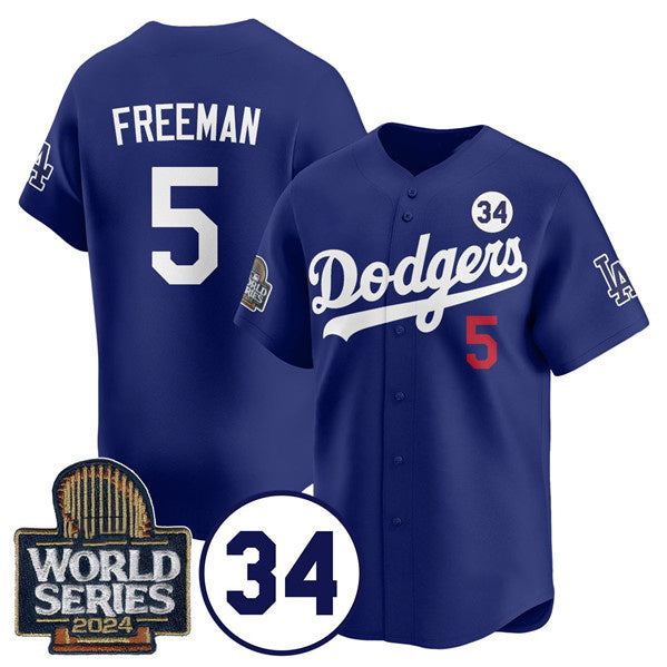 Los Angeles Dodgers #5 Freddie Freeman Royal CONTON 2024 World Series With No. 34 Patch Cool Base Stitched Jersey
