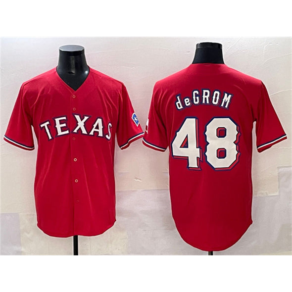 Texas Rangers #48 Jacob deGrom Red CONTON With Patch Cool Base Stitched Jersey