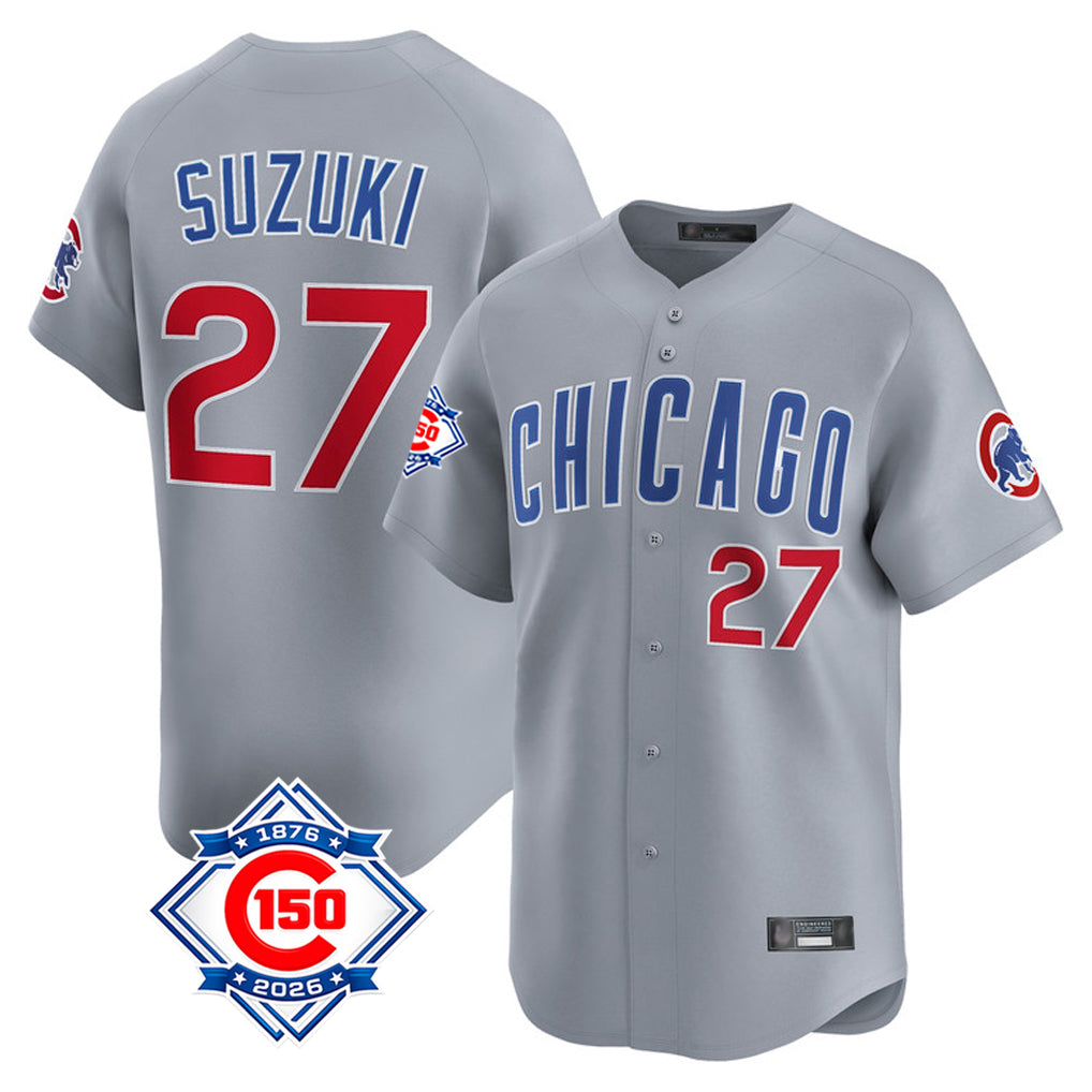 Chicago Cubs #27 Seiya Suzuki Player Gray CONTON Road 150th Anniversary Limited Home Stitched Jerseys