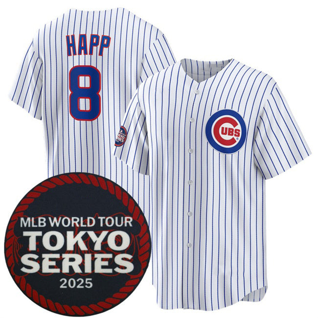 Chicago Cubs #8 Ian Happ White CONTON 2025 World Tour Tokyo Series Home Stitched Jersey