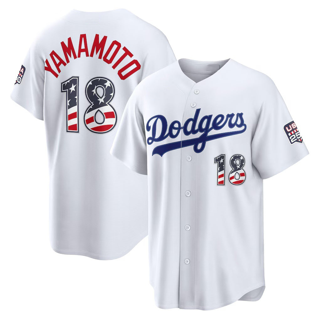 Los Angeles Dodgers #18 Yoshinobu Yamamoto White CONTON USA 250 Fourth of July Home Stadium Jersey