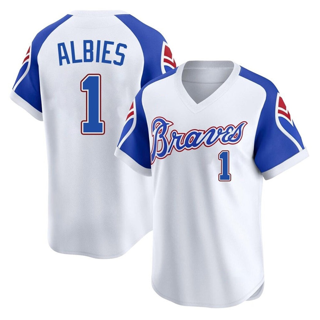 Atlanta Braves #1 Ozzie Albies Player White CONTON Throwback Cooperstown Collection T-shirt Game Stitched Jerseys