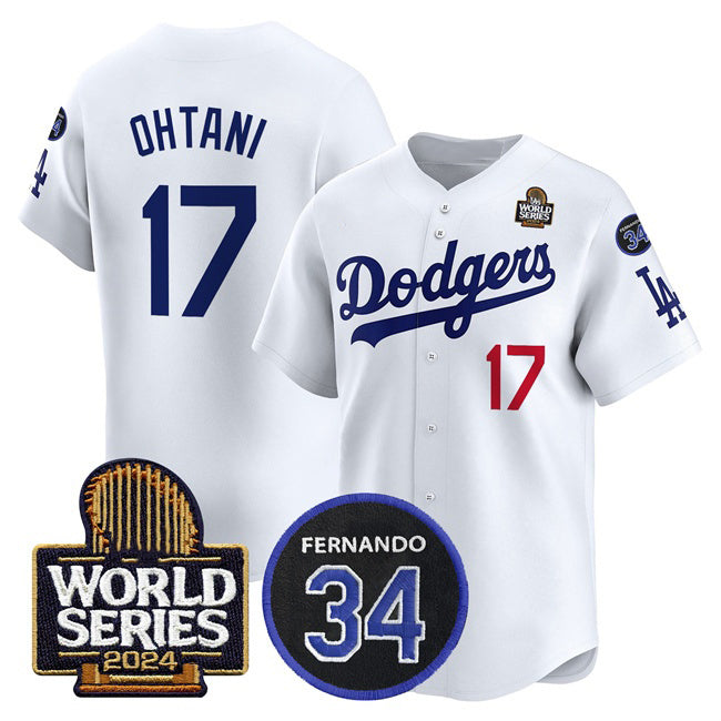 Los Angeles Dodgers #17 Shohei Ohtani White CONTON 2024 World Series With Fernando Memorial Patch Limited Stitched Jersey 2