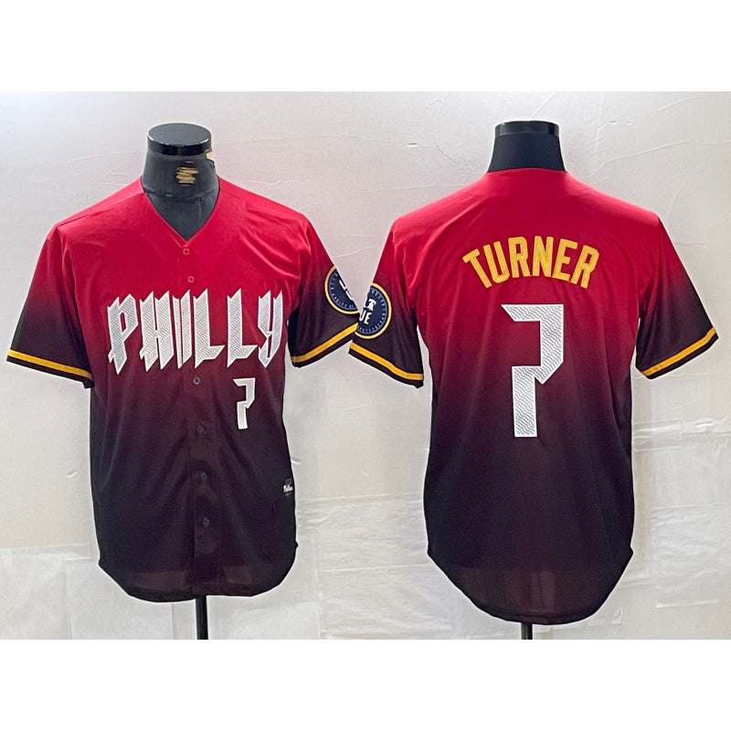 Philadelphia Phillies #7 Trea Turner Red CONTON 2024 City Player Number Cool Base Jersey 2