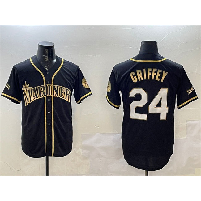 Seattle Mariners #24 Ken Griffey Jr. Black Gold CONTON Cool Base Stitched Jersey