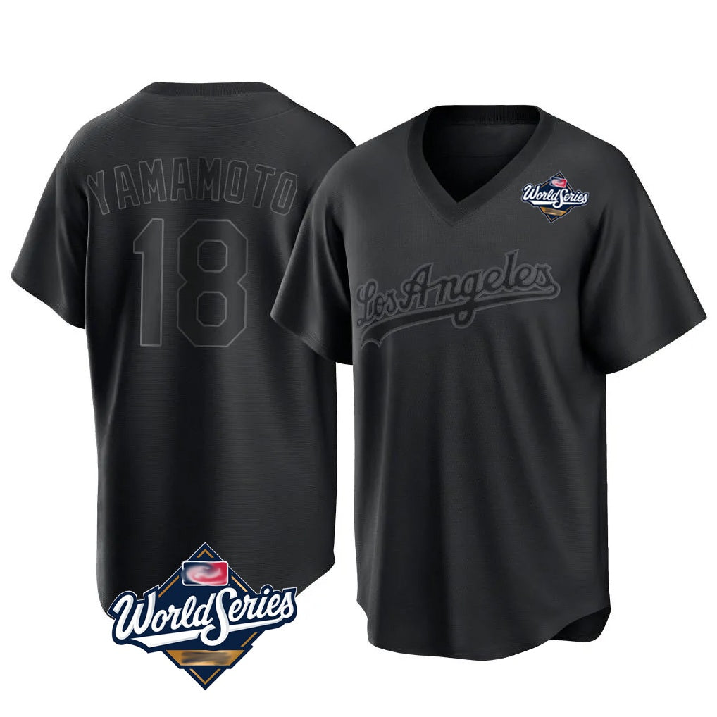 Los Angeles Dodgers #18 Yoshinobu Yamamoto Player Black CONTON World Series Pitch Fashion T-shirt Stitched Jerseys
