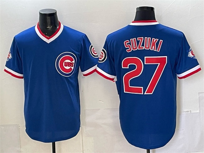 Chicago Cubs #27 Seiya Suzuki Royal CONTON 150th Anniversary Throwback Vapor Limited Stitched Jersey