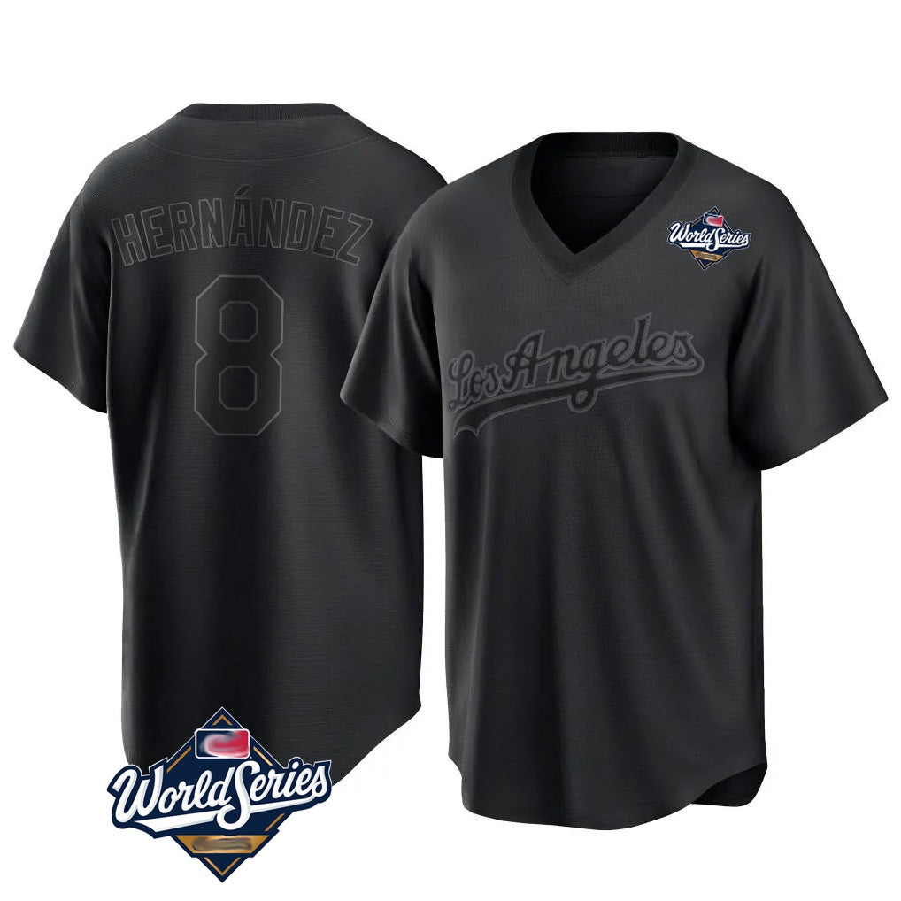 Los Angeles Dodgers #8 Enrique Hern¨¢ndez Player Black CONTON World Series Pitch Fashion T-shirt Stitched Jerseys