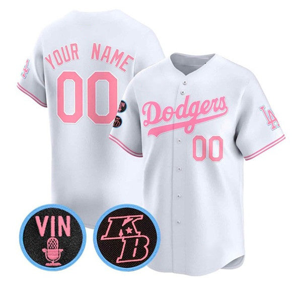 Custom Los Angeles Dodgers Active Player White Pink CONTON With Vin & Kobe Patch Limited Stitched Jersey
