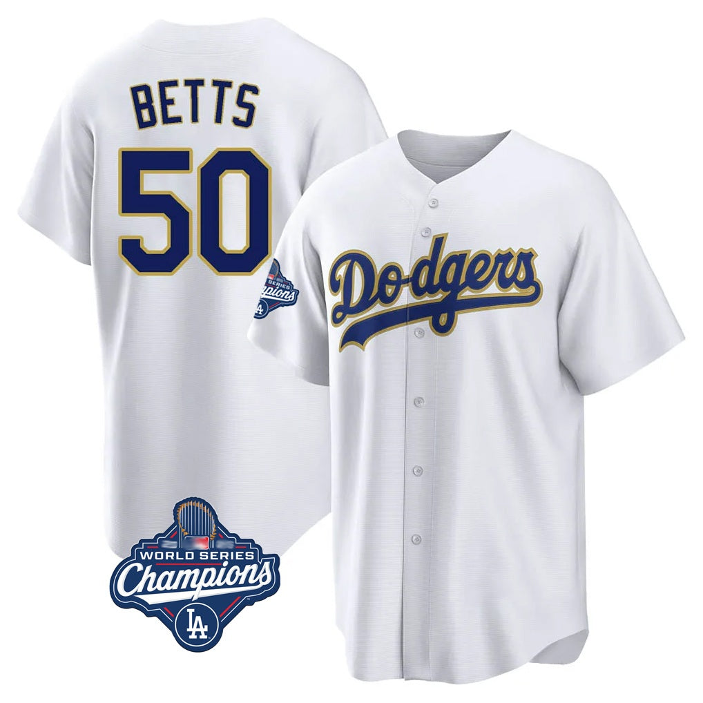 Los Angeles Dodgers #50 Mookie Betts Player Gold White CONTON World Series Meet 2026 Collection Stadium Game Stitched Jerseys