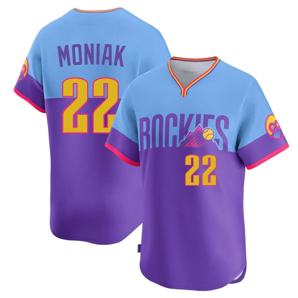 Colorado Rockies #22 Mickey Moniak Player Purple-Light Blue CONTON City Connect Limited Home T-shirt Stitched Jerseys