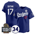 Los Angeles Dodgers #17 Shohei Ohtani Royal CONTON 2024 World Series With No. 34 Patch Cool Base Stitched Jersey