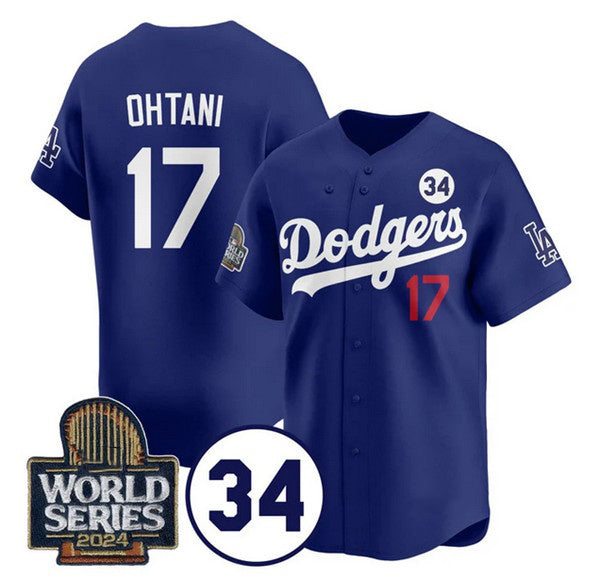 Los Angeles Dodgers #17 Shohei Ohtani Royal CONTON 2024 World Series With No. 34 Patch Cool Base Stitched Jersey