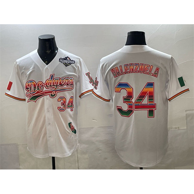 Los Angeles Dodgers #34 Fernando Valenzuela White CONTON Mexico California Patch 2025 World Series Patch Stitched Jersey