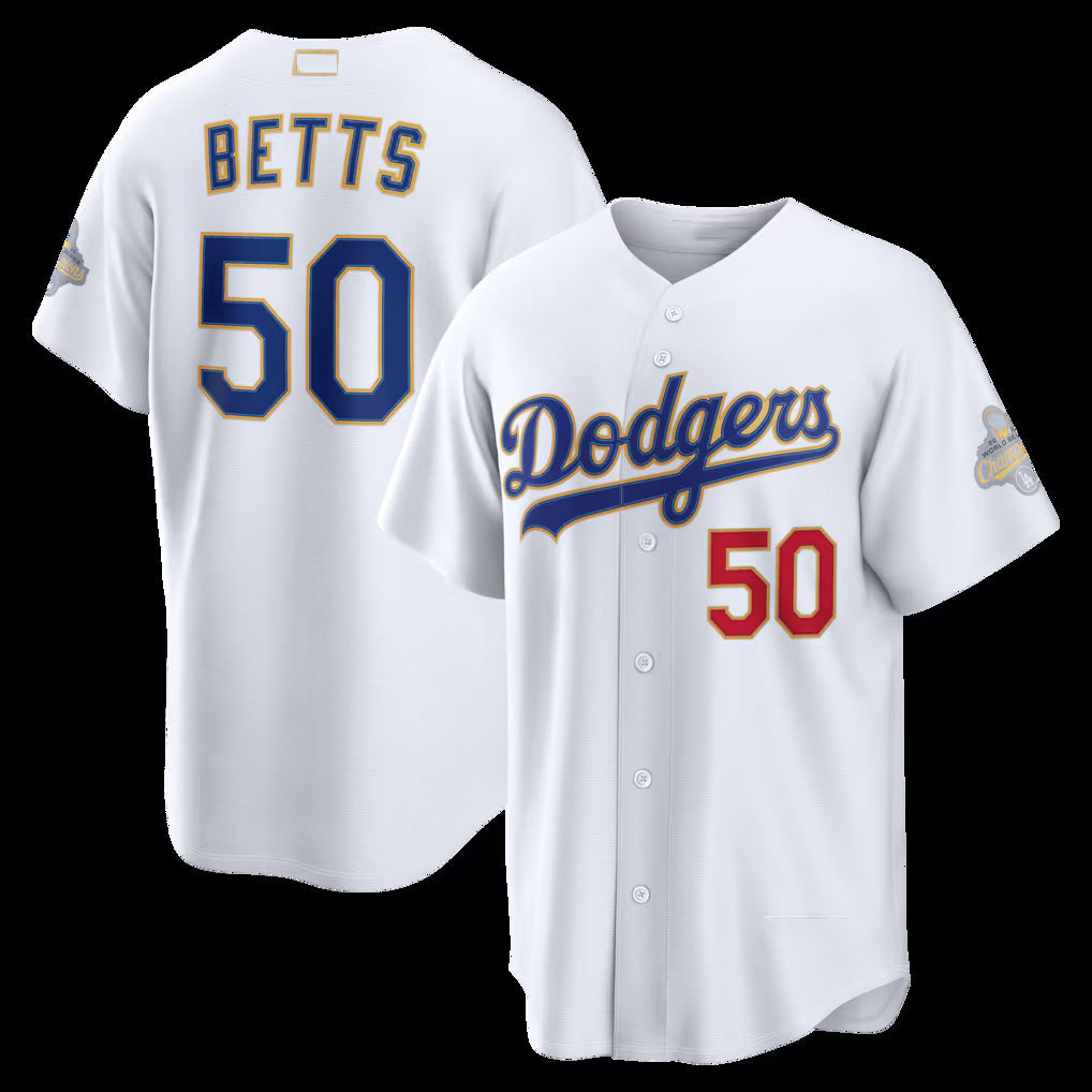 Los Angeles Dodgers #50 Mookie Betts White CONTON 2026 Gold Collection Stadium Jersey