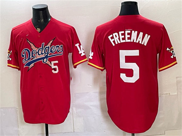 Los Angeles Dodgers x One Piece #5 Freddie Freeman Red CONTON Vapor Premier Limited Stitched Jersey
