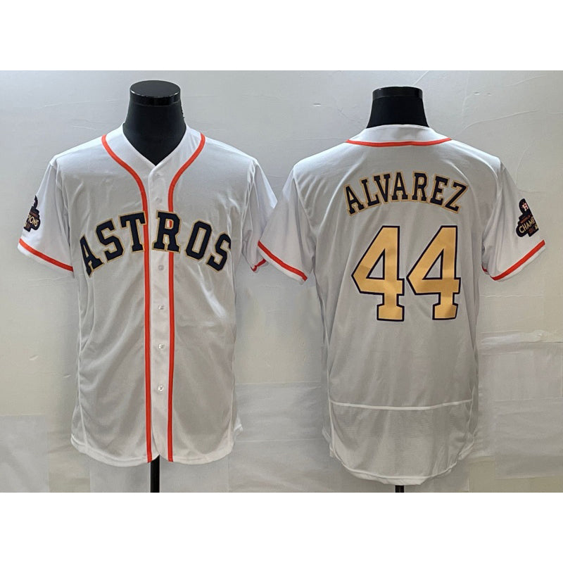 Houston Astros #44 Yordan Alvarez 2023 White Gold CONTON World Serise Champions Patch Flex Base Stitched Jersey