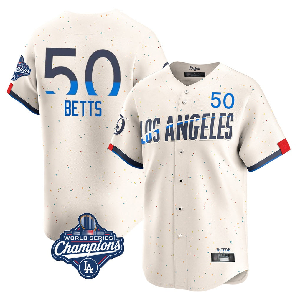 Los Angeles Dodgers #50 Mookie Betts Player Cream CONTON World Series Meet City Connect Limited Home Stitched Jerseys