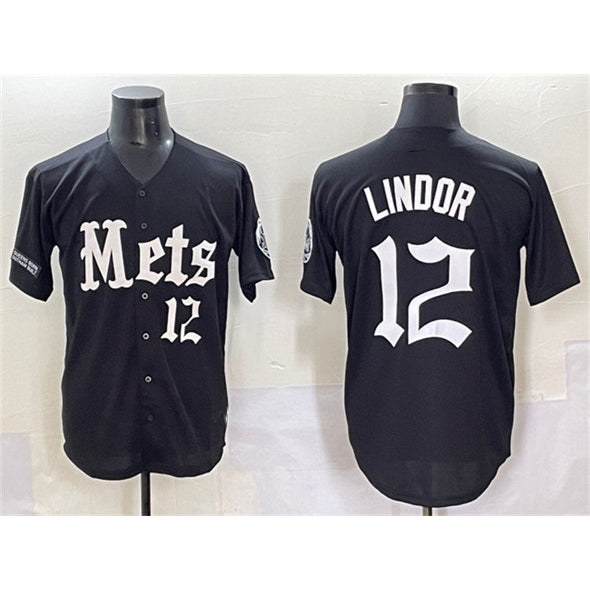 New York Mets #12 Francisco Lindor Black CONTON 'Gotham Gothic Edition' Vapor Premier Limited Stitched Jersey