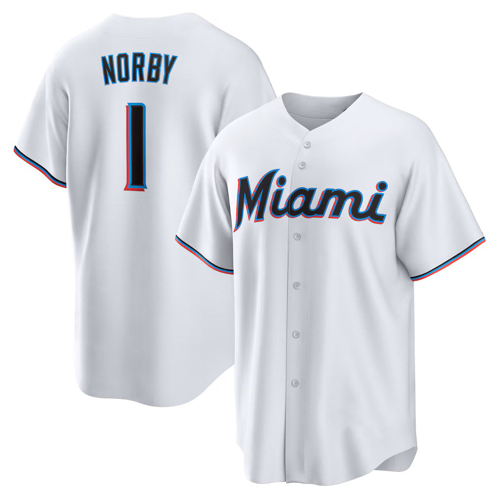 Miami Marlins #1 Connor Norby White CONTON Home Replica Jersey