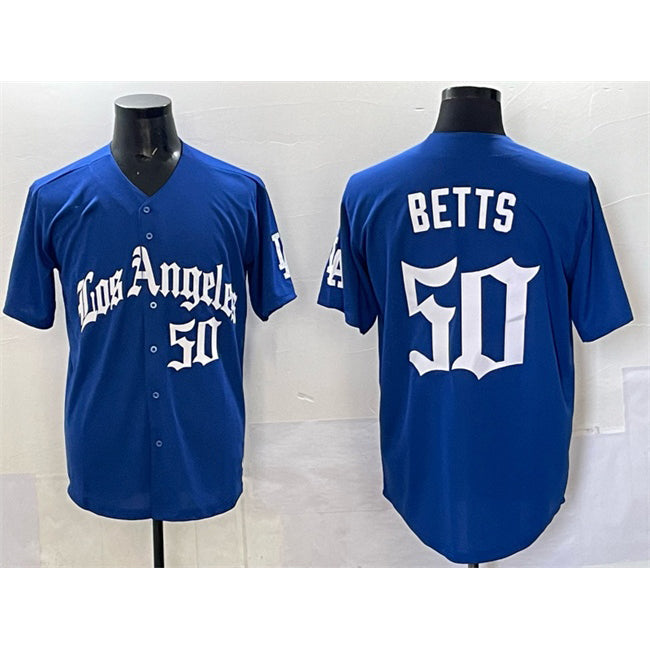 Los Angeles Dodgers #50 Mookie Betts Blue CONTON 2025 LA Gothic Style With Fernando Patch Vapor Premier Limited Stitched Jersey