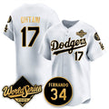 Los Angeles Dodgers #17 Shohei Ohtani White Gold CONTON 2025 World Series With No.34 Patch Limited Stitched Jersey