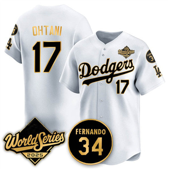 Los Angeles Dodgers #17 Shohei Ohtani White Gold CONTON 2025 World Series With No.34 Patch Limited Stitched Jersey