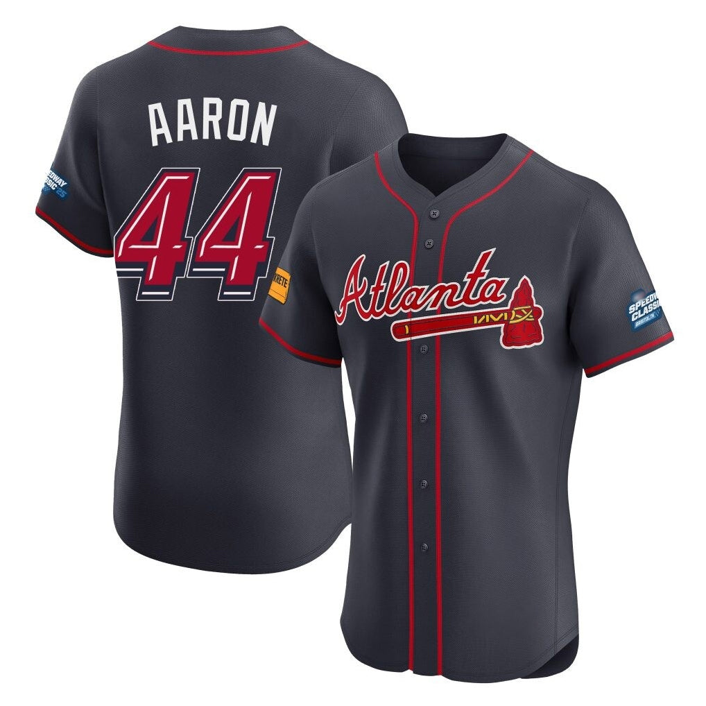 Atlanta Braves #44 Hank Aaron Player Navy CONTON 2025 Speedway Classic Limited Elite Home Game Stitched Jerseys