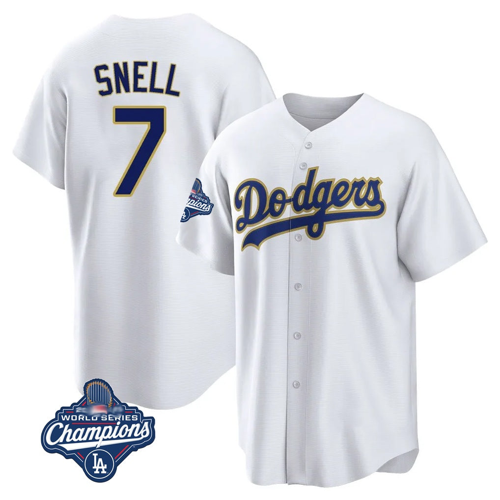 Los Angeles Dodgers #7 Blake Snell Player Gold White CONTON World Series Meet Home Game Stitched Jerseys