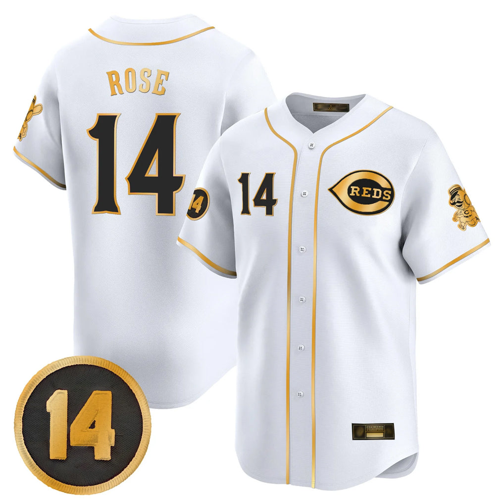Cincinnati Reds #14 Pete Rose Player White-Gold CONTON Vapor Premier Limited Home Stitched Jerseys
