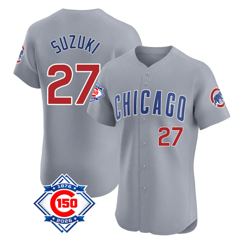 Chicago Cubs #27 Seiya Suzuki Player Gray CONTON Road 150th Anniversary Limited Elite Home Stitched Jerseys