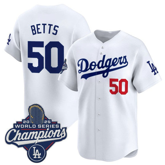 Los Angeles Dodgers #50 Mookie Betts White CONTON 2025 Champions Stitched Jersey