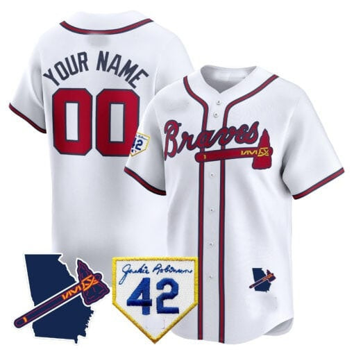 Custom Atlanta Braves 2024 Robinson & Georgia Patch Vapor Premier Limited Jersey ¨C White CONTON