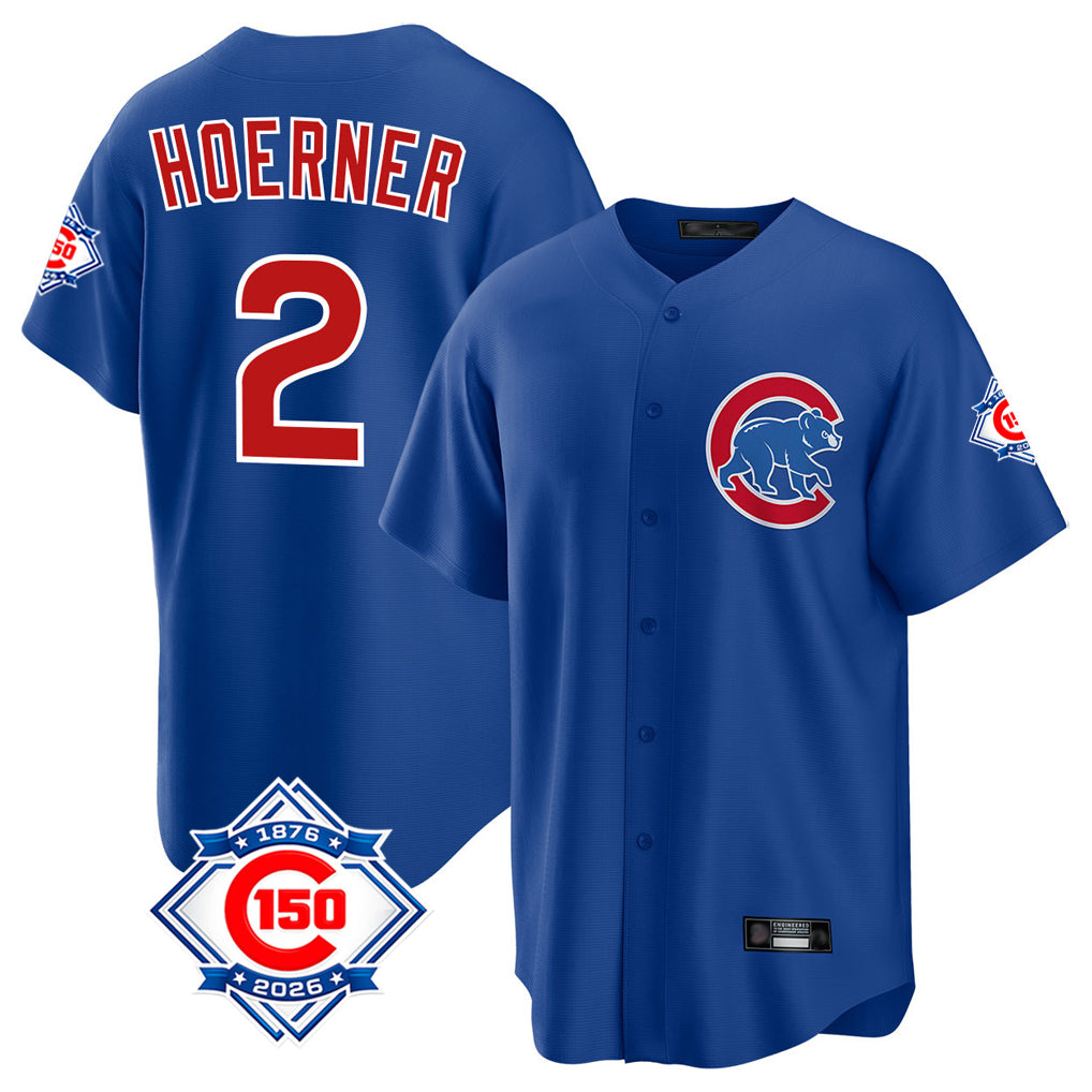Chicago Cubs #2 Nico Hoerner Player Royal CONTON 150th Anniversary Home Game Stitched Jerseys