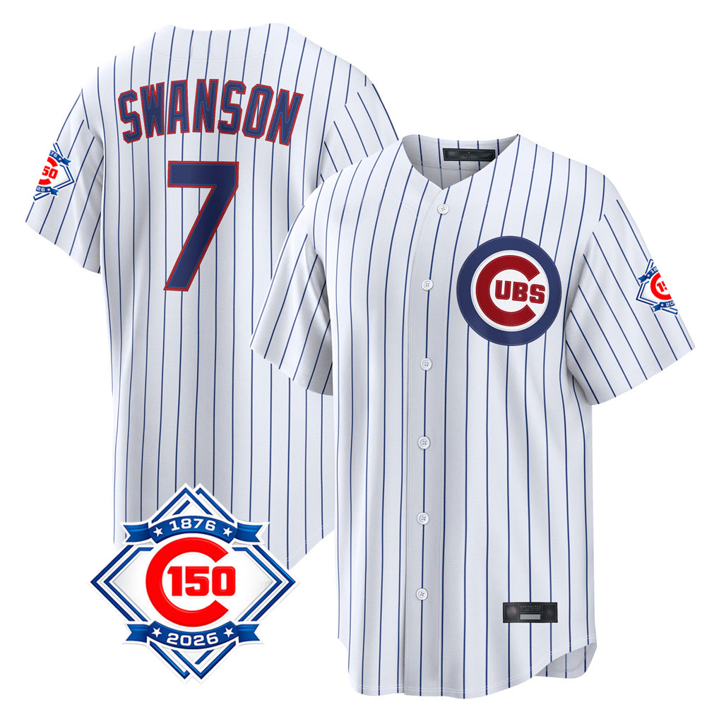 Chicago Cubs #7 Dansby Swanson Player White CONTON 150th Anniversary Game Home Stitched Jerseys
