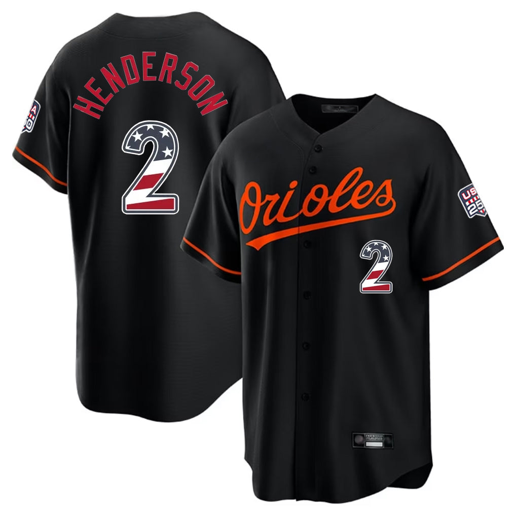 Baltimore Orioles #2 Gunnar Henderson Player Black CONTON USA 250 Fourth of July Home Game Stitched Jerseys