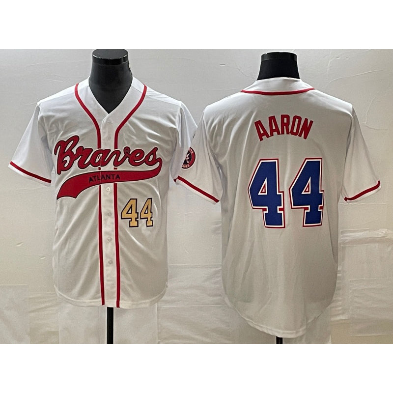 Atlanta Braves #44 Hank Aaron Number White CONTON Cool Base With Patch Stitched Jersey