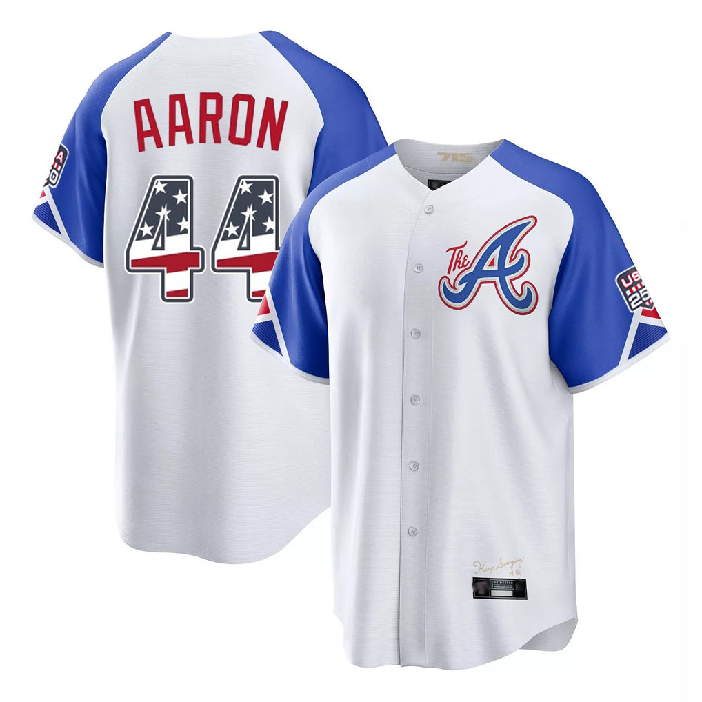 Atlanta Braves #44 Hank Aaron Player White CONTON USA 250 Fourth Of July City Connect Home Game Stitched Jerseys