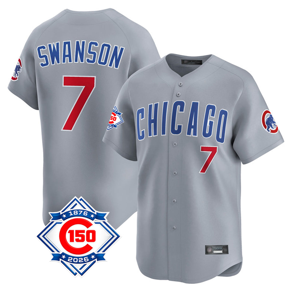 Chicago Cubs #7 Dansby Swanson Player Gray CONTON Road 150th Anniversary Limited Home Stitched Jerseys