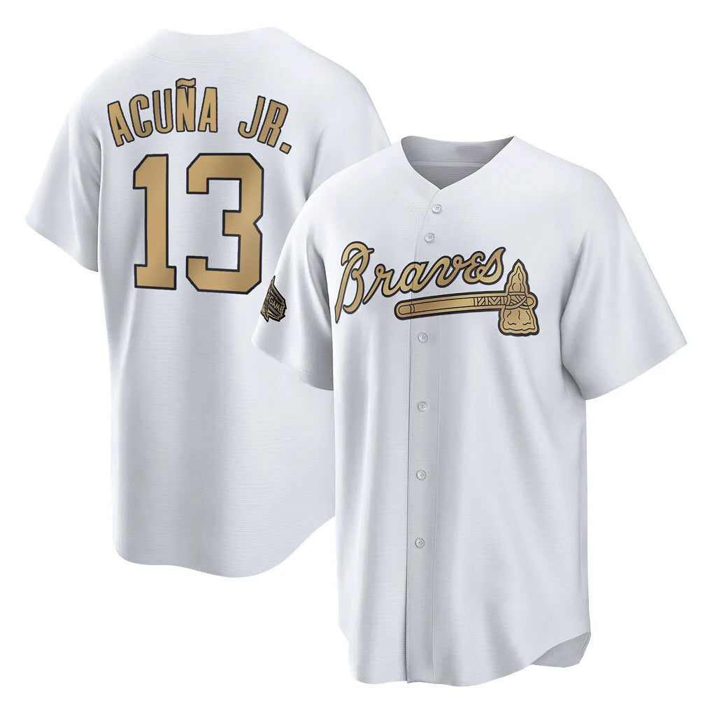 Atlanta Braves #13 Ronald Acuna Jr Player White-Gold CONTON All-Star Home Game Stitched Jerseys