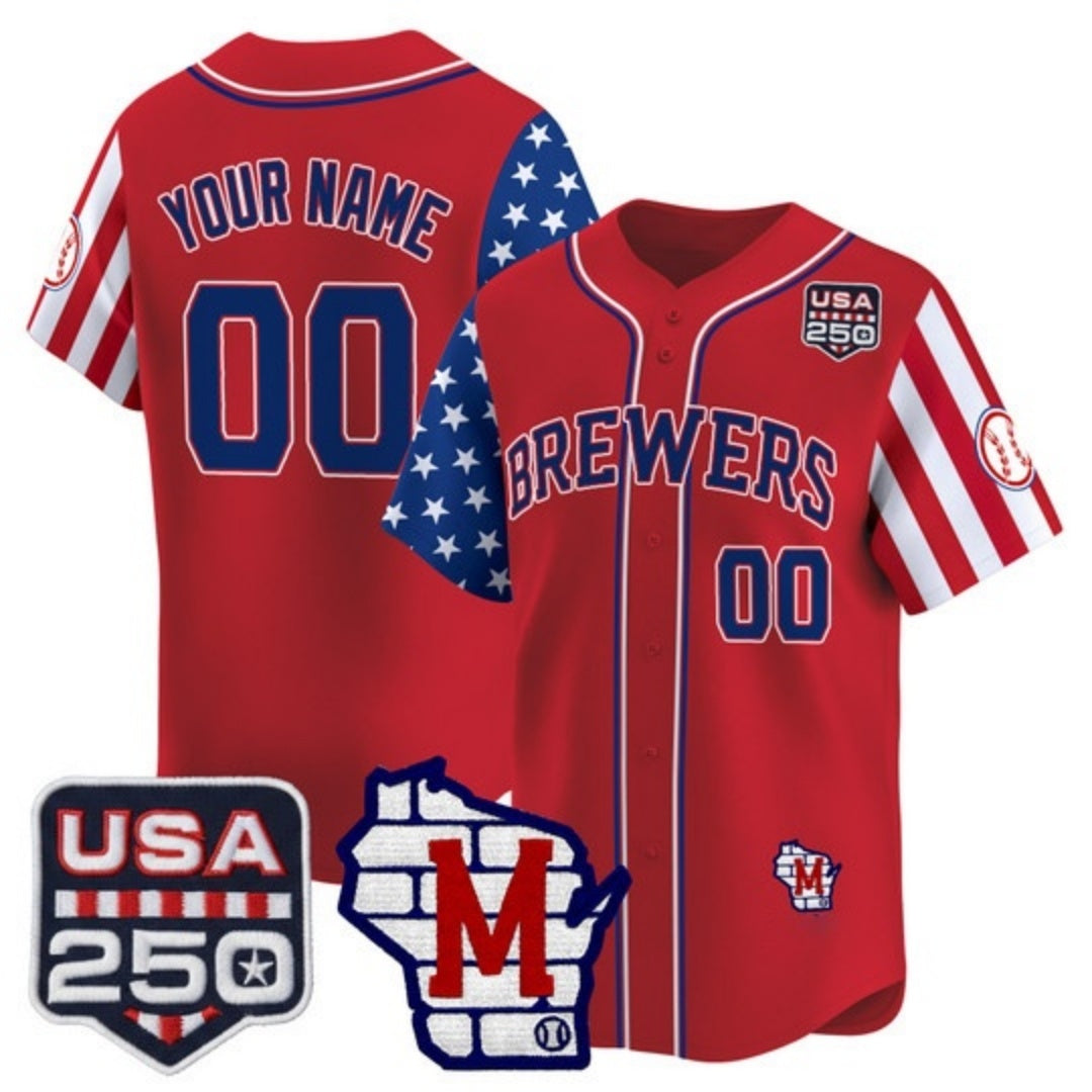 Custom Milwaukee Brewers America 250 Edition Vapor Premier Limited Red CONTON Stitched Jerseys