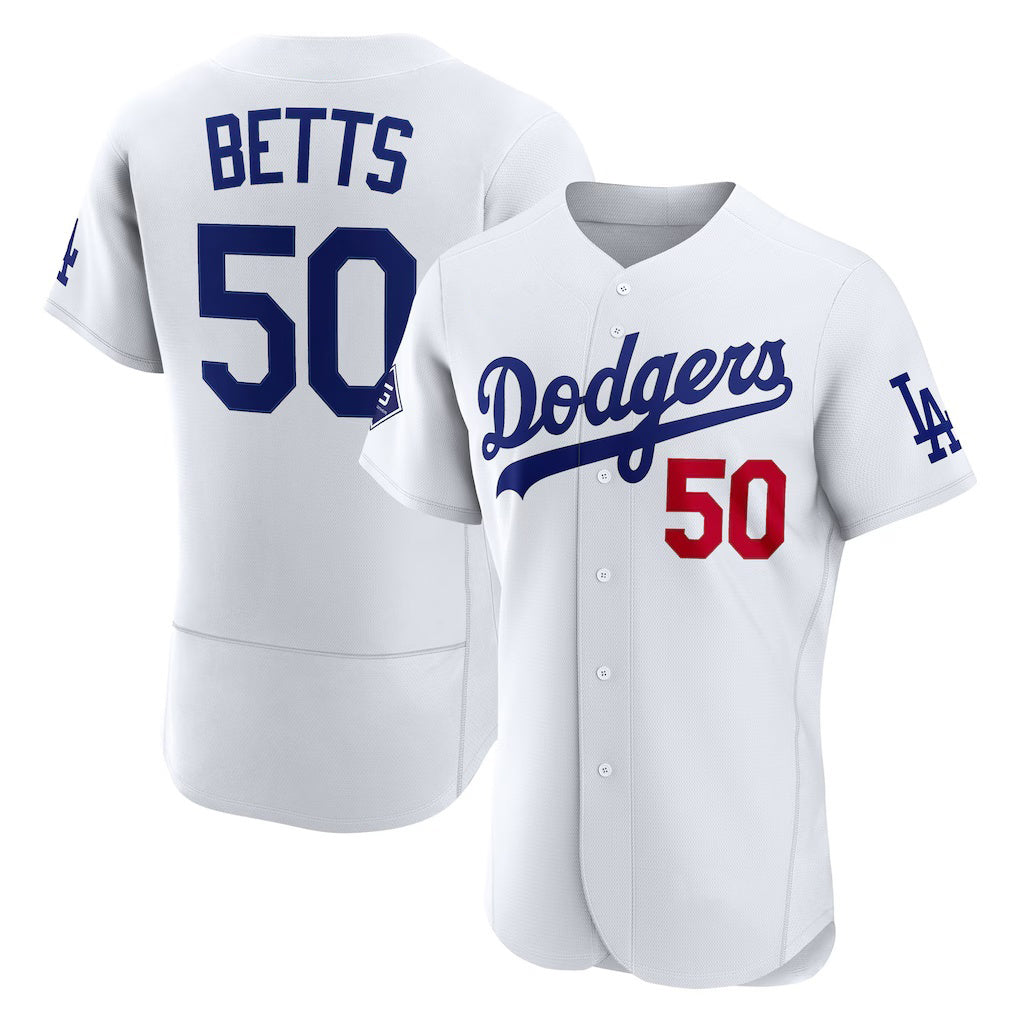 Los Angeles Dodgers #50 Mookie Betts White CONTON Home Authentic Sponsor Patch Jersey