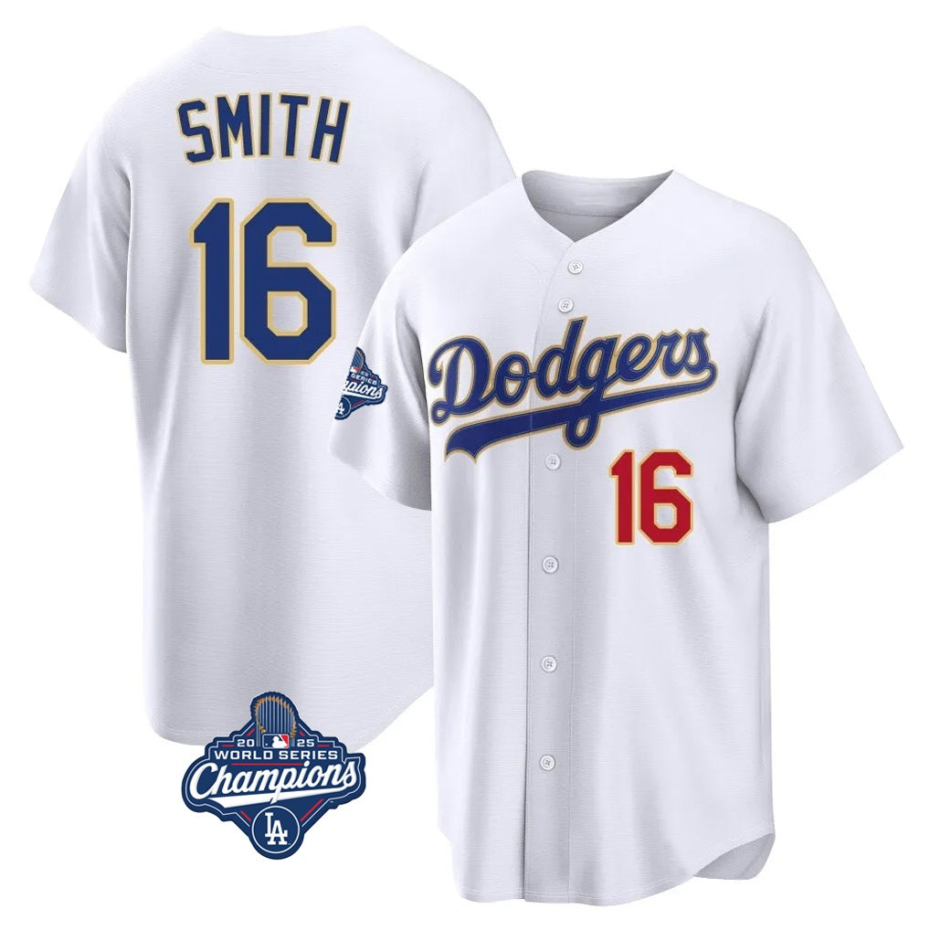 Los Angeles Dodgers #16 Will Smith Player Gold White CONTON World Series Meet 2026 Collection Stadium Limited Stitched Jerseys