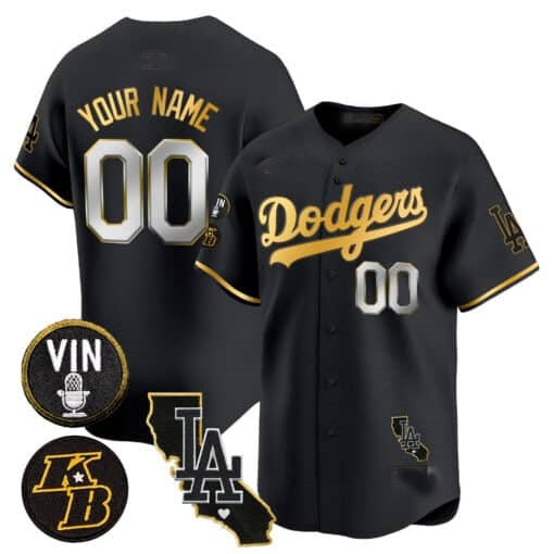 Custom Los Angeles Dodgers Vin Patch & Kobe Bryant Gold Trim Vapor Premier Limited Jersey V2 ¨C All Stitched-Black CONTON