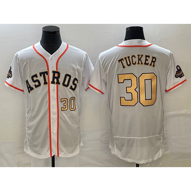 Houston Astros #30 Kyle Tucker Number 2023 White Gold CONTON World Serise Champions Patch Flex Base Stitched Jersey 2