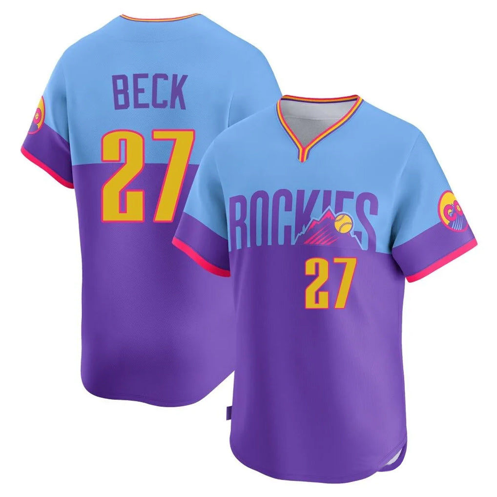 Colorado Rockies #27 Jordan Beck Player Purple-Light Blue CONTON City Connect Limited Home T-shirt Stitched Jerseys
