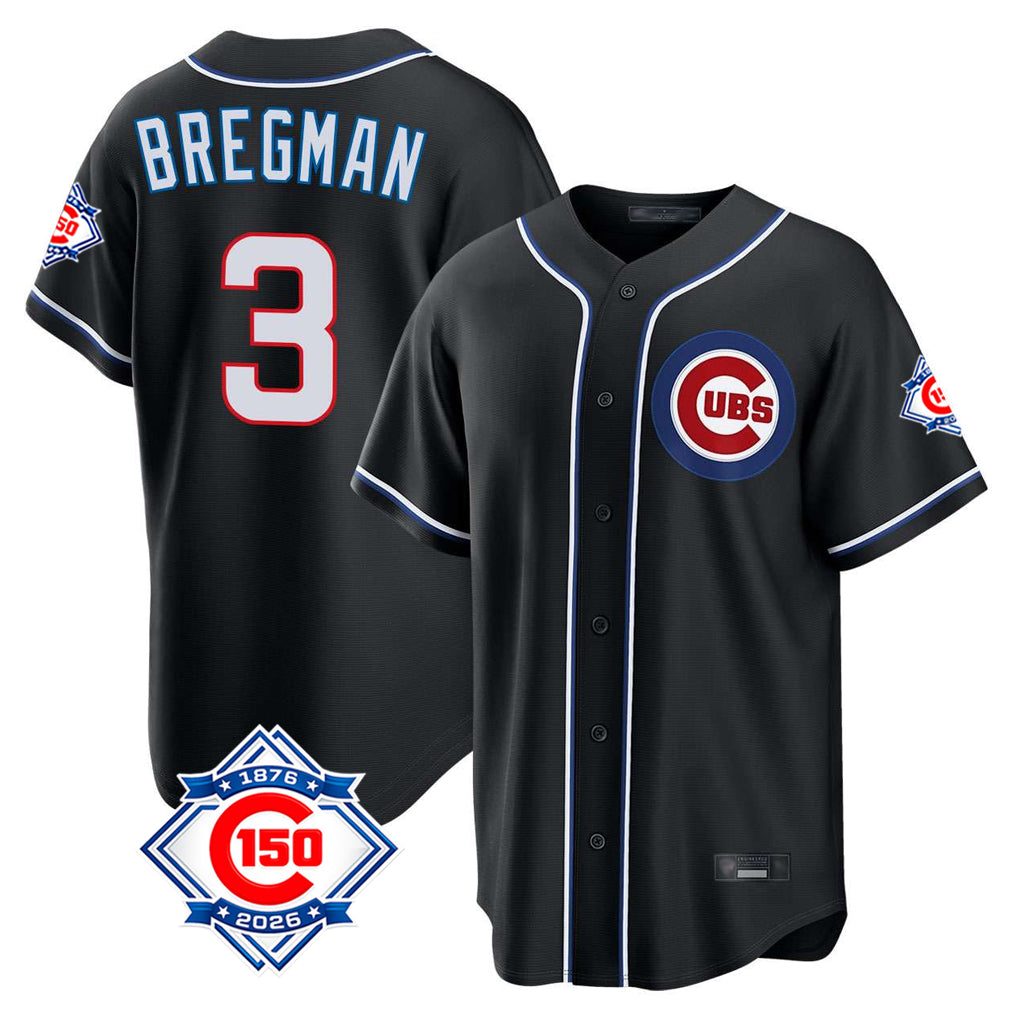 Chicago Cubs #3 Alex Bregman Player Black CONTON Fashion Out 150th Anniversary Game Stitched Jerseys
